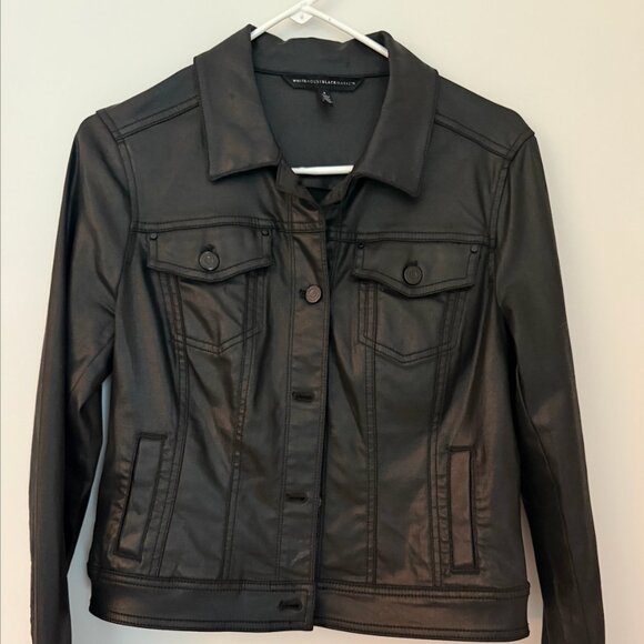 White House Black Market Cropped Coated Denim Jacket Black Size 8 - Picture 3 of 5